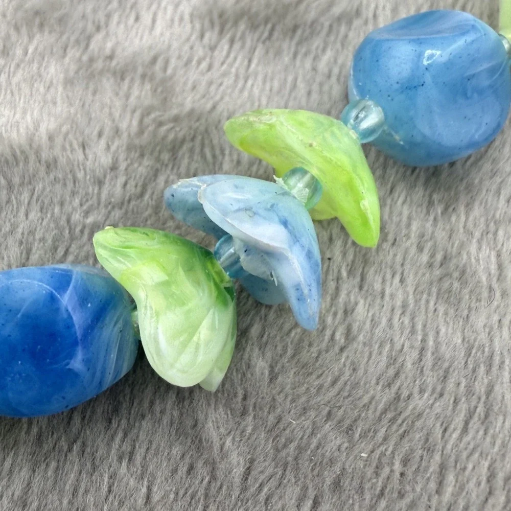 Vintage Estate Plastic Bead Necklace Blue Green Floral Upcycle Repair 32”